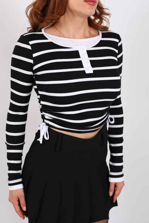 Çizgili Düğmeli Yandan Büzgülü Siyah Kadın Body - Berox (1)