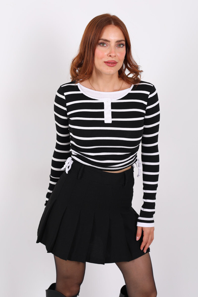 Çizgili Düğmeli Yandan Büzgülü Siyah Kadın Body - 4