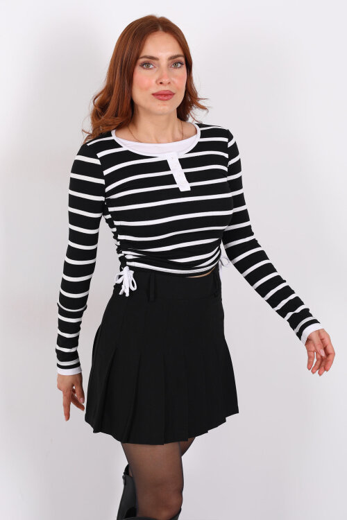 Çizgili Düğmeli Yandan Büzgülü Siyah Kadın Body - 6