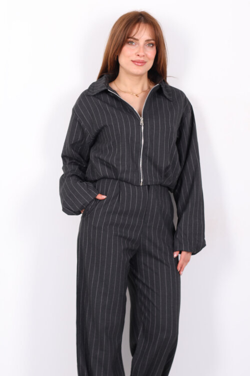 Çizgili Fermuarlı Kadın Antrasit Bomber Ceket - 6