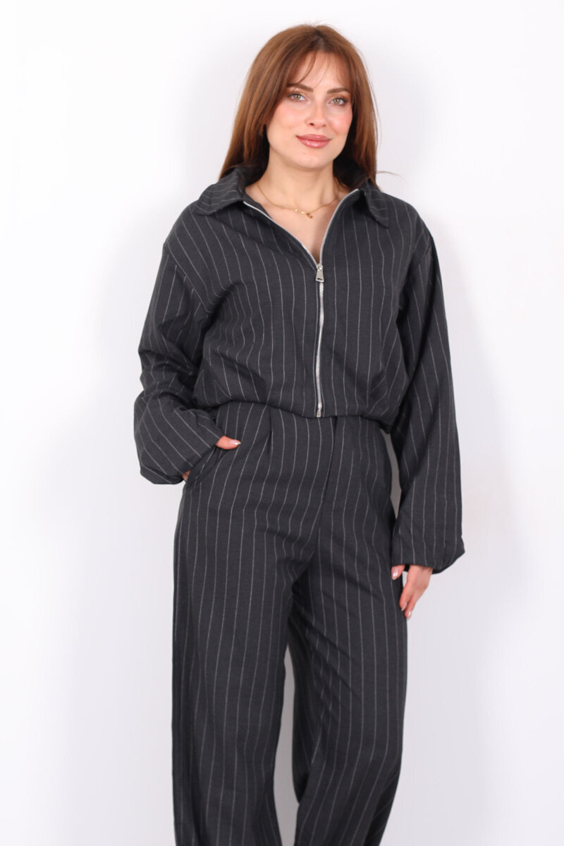 Çizgili Fermuarlı Kadın Antrasit Bomber Ceket - 6