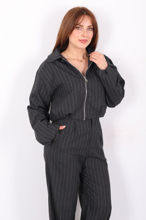 Çizgili Fermuarlı Kadın Antrasit Bomber Ceket - 3