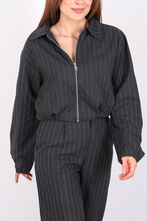 Çizgili Fermuarlı Kadın Antrasit Bomber Ceket - Berox (1)