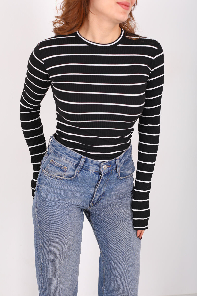 Çizgili Fitilli Siyah Kadın Parmak Geçirmeli Body - 2