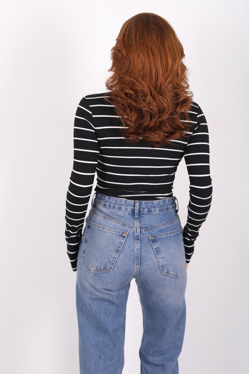 Çizgili Fitilli Siyah Kadın Parmak Geçirmeli Body - 4
