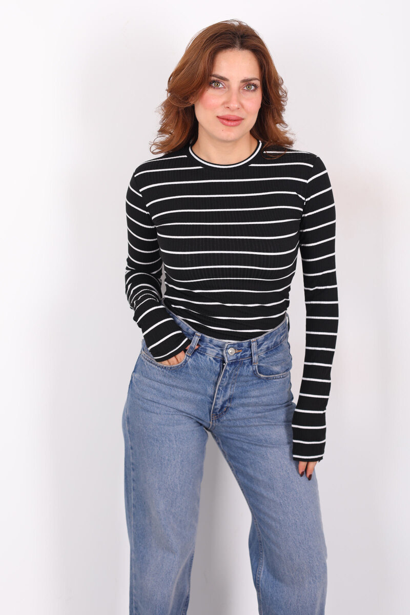 Çizgili Fitilli Siyah Kadın Parmak Geçirmeli Body - 5