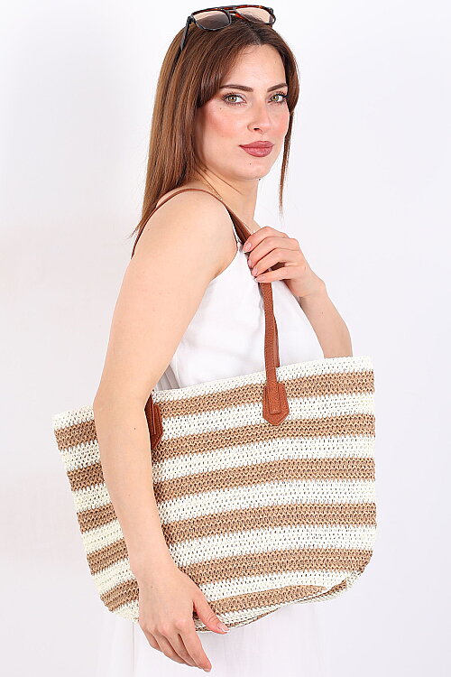 Çizgili Hasır Örme Açık Kahve Plaj Çantası - 3