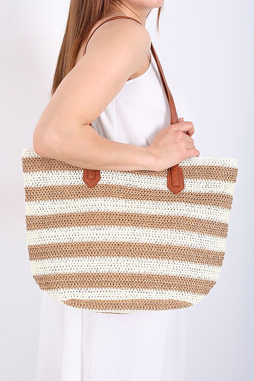 Çizgili Hasır Örme Açık Kahve Plaj Çantası - Berox (1)