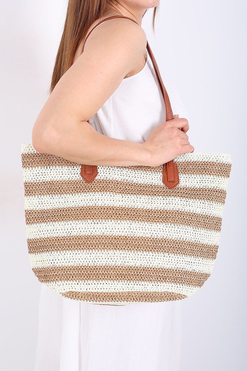 Çizgili Hasır Örme Açık Kahve Plaj Çantası - 2