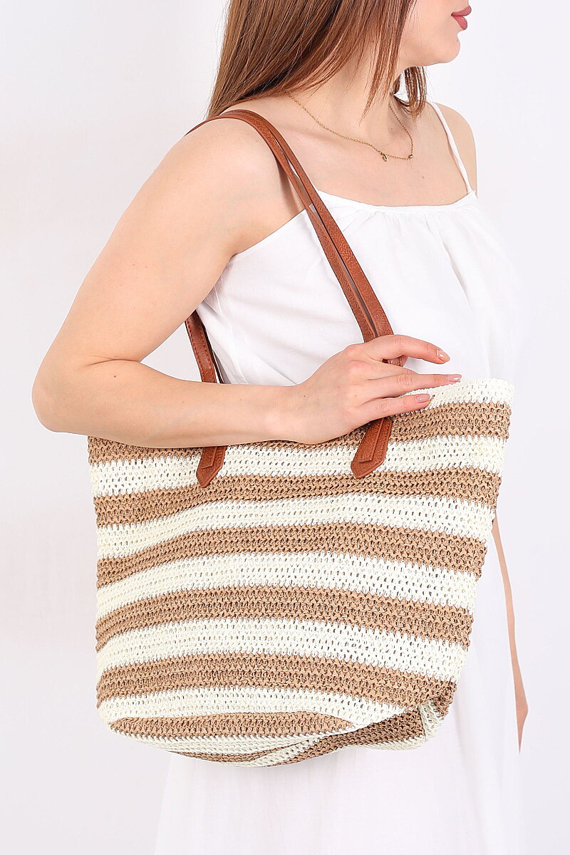 Çizgili Hasır Örme Açık Kahve Plaj Çantası - 4