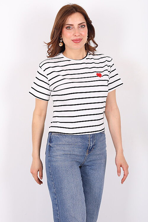 Çizgili Kalp Nakışlı Kadın Beyaz T-Shirt - 5