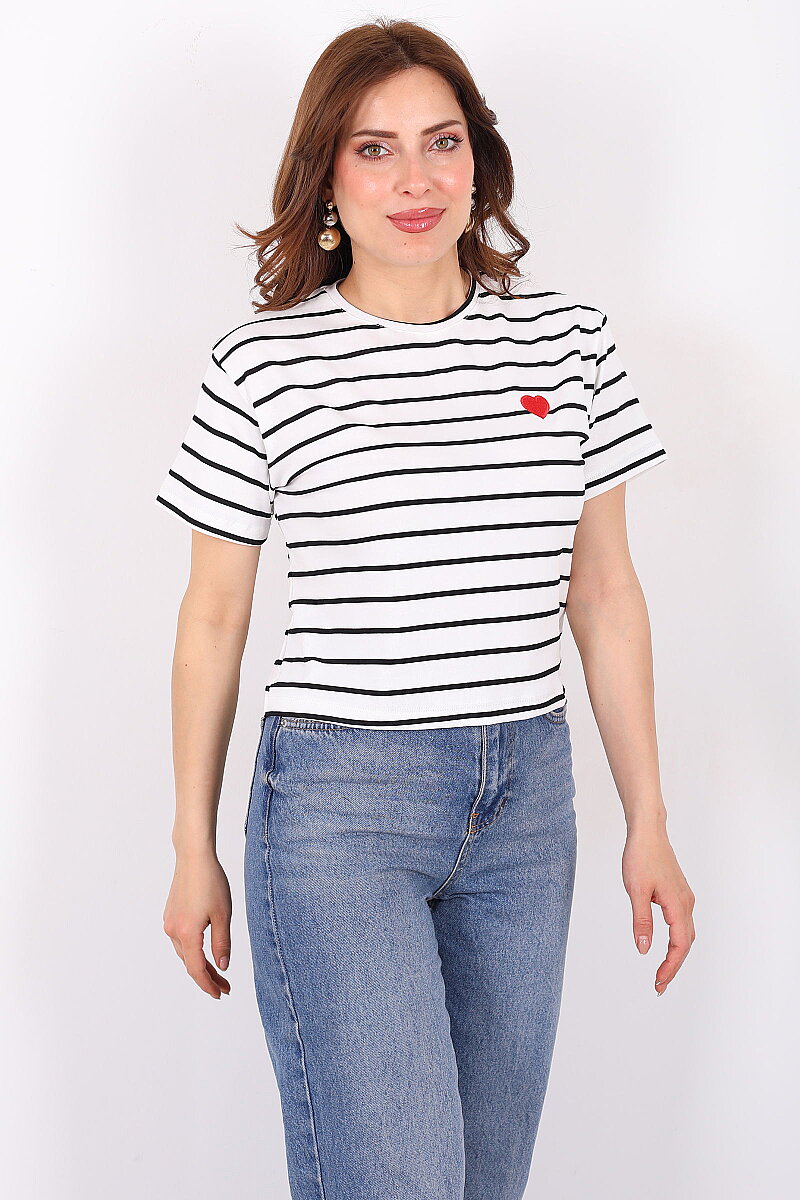 Çizgili Kalp Nakışlı Kadın Beyaz T-Shirt - 5