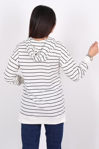 Çizgili Kapüşonlu Uzun Beyaz Kadın Sweat - 3