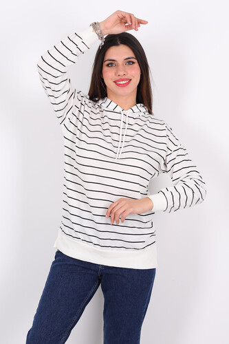 Çizgili Kapüşonlu Uzun Beyaz Kadın Sweat - Berox (1)