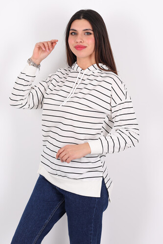 Çizgili Kapüşonlu Uzun Beyaz Kadın Sweat - Berox