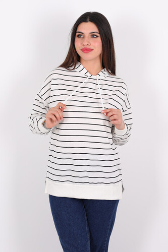 Çizgili Kapüşonlu Uzun Beyaz Kadın Sweat - 4