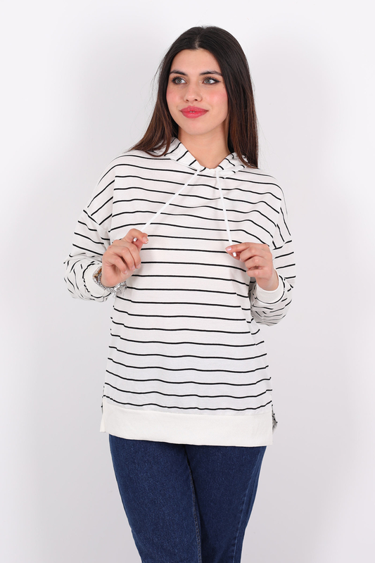 Çizgili Kapüşonlu Uzun Beyaz Kadın Sweat - 4