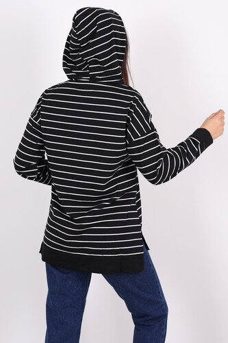 Çizgili Kapüşonlu Uzun Siyah Kadın Sweat - 3