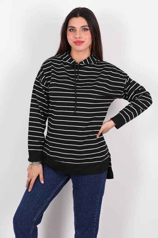 Çizgili Kapüşonlu Uzun Siyah Kadın Sweat - 2