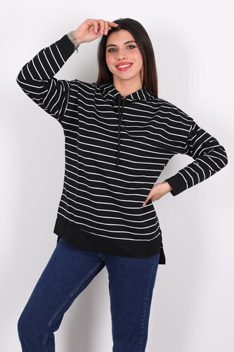 Çizgili Kapüşonlu Uzun Siyah Kadın Sweat - Berox