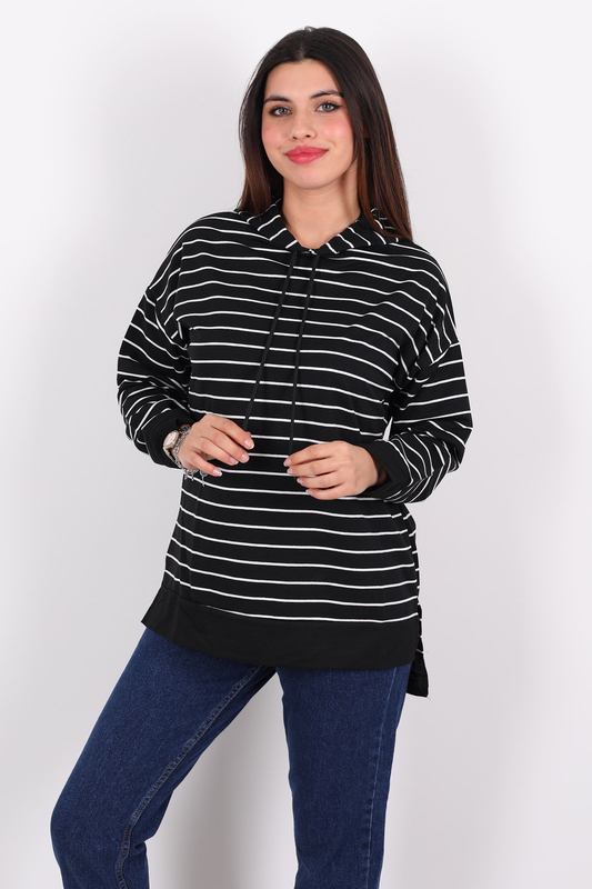 Çizgili Kapüşonlu Uzun Siyah Kadın Sweat - 4