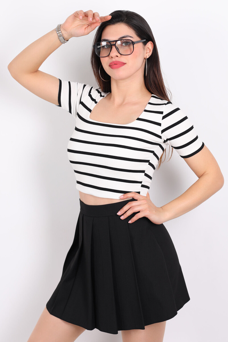 Çizgili Kare Yaka Crop Beyaz Kadın Body - 3