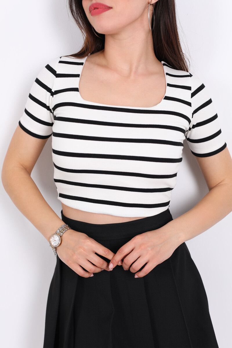 Çizgili Kare Yaka Crop Beyaz Kadın Body - 2