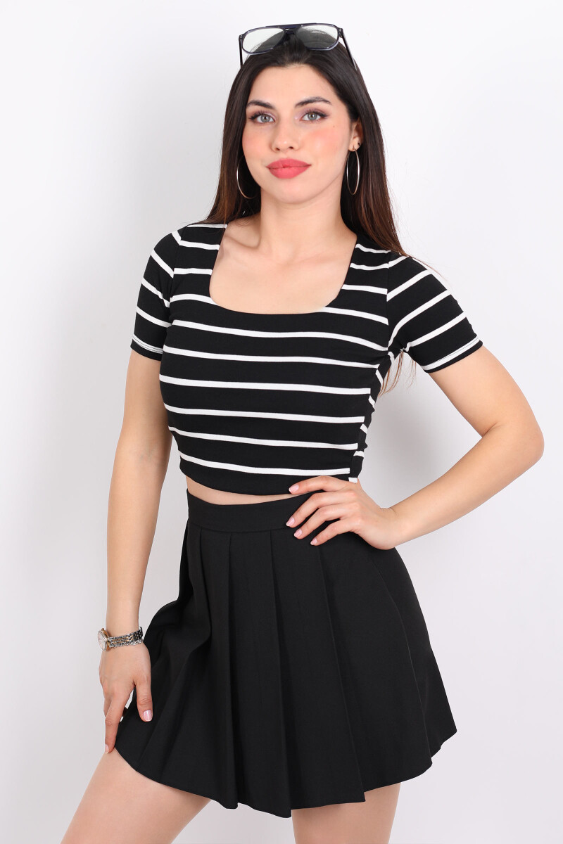 Çizgili Kare Yaka Crop Siyah Kadın Body - 3