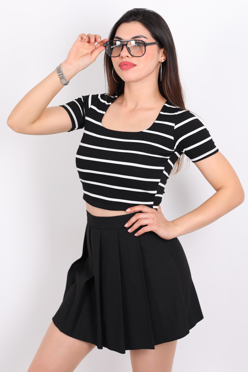Çizgili Kare Yaka Crop Siyah Kadın Body - 1