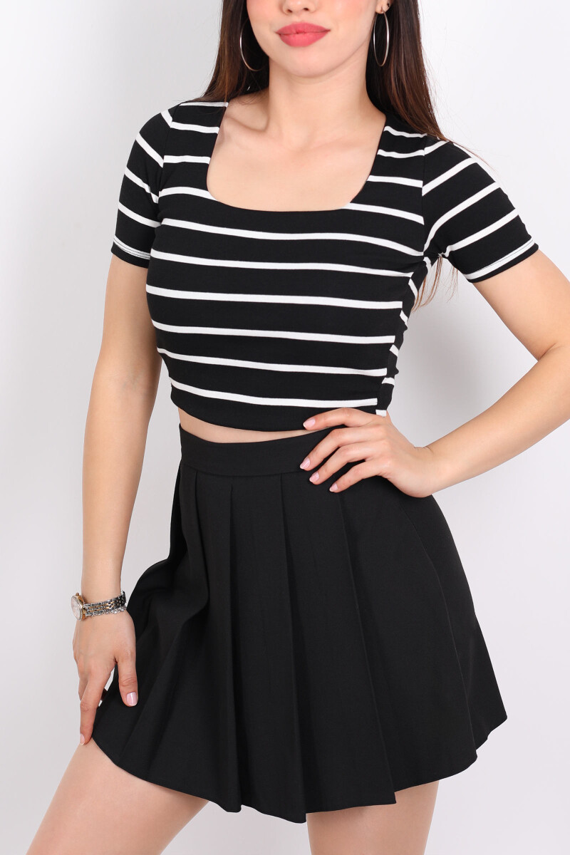 Çizgili Kare Yaka Crop Siyah Kadın Body - 2
