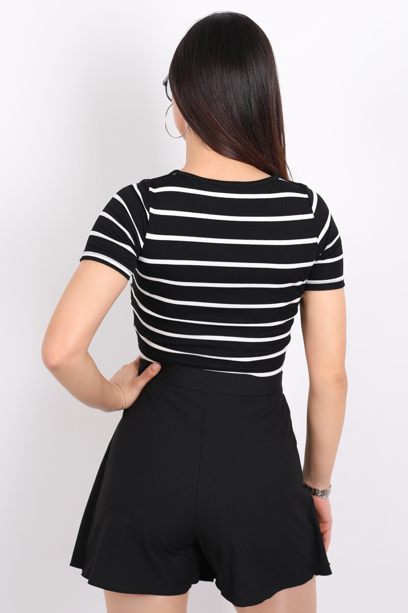 Çizgili Kare Yaka Crop Siyah Kadın Body - 4