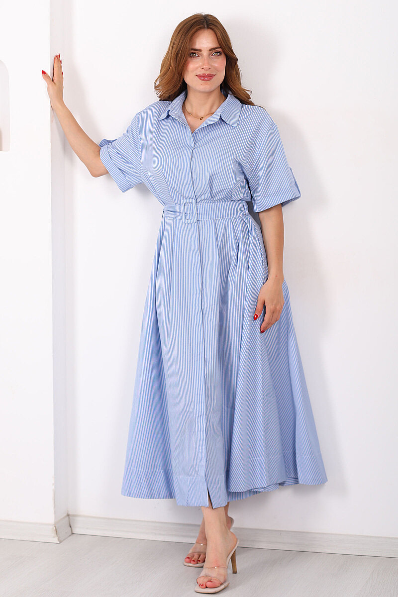 Çizgili Kemerli Poplin Bebe Mavi Kadın Maxi Gömlek Elbise - 3