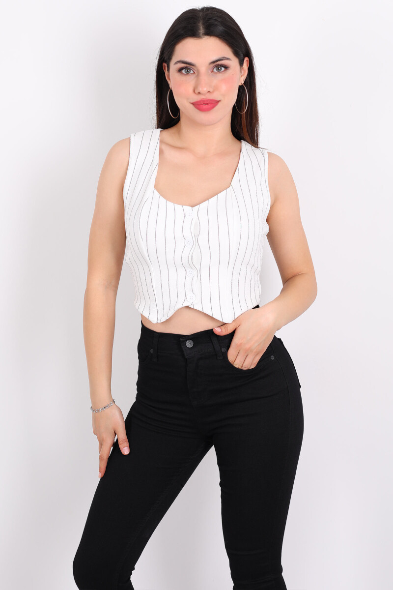 Çizgili Korse Beyaz Kadın Crop Yelek - 3