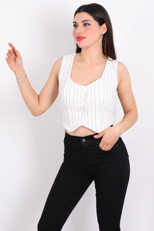Çizgili Korse Beyaz Kadın Crop Yelek 