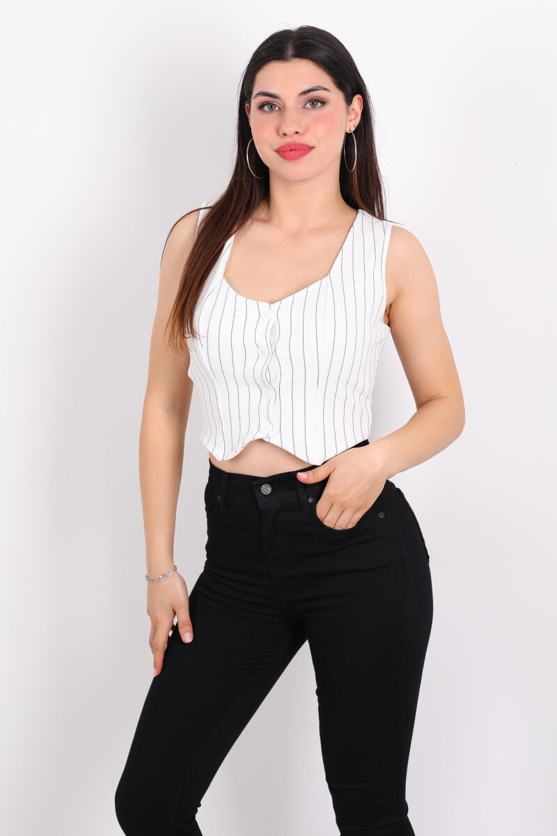 Çizgili Korse Beyaz Kadın Crop Yelek - 4