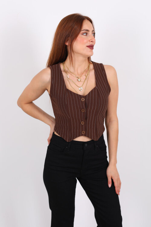 Çizgili Korse Kahverengi Kadın Crop Yelek - 3