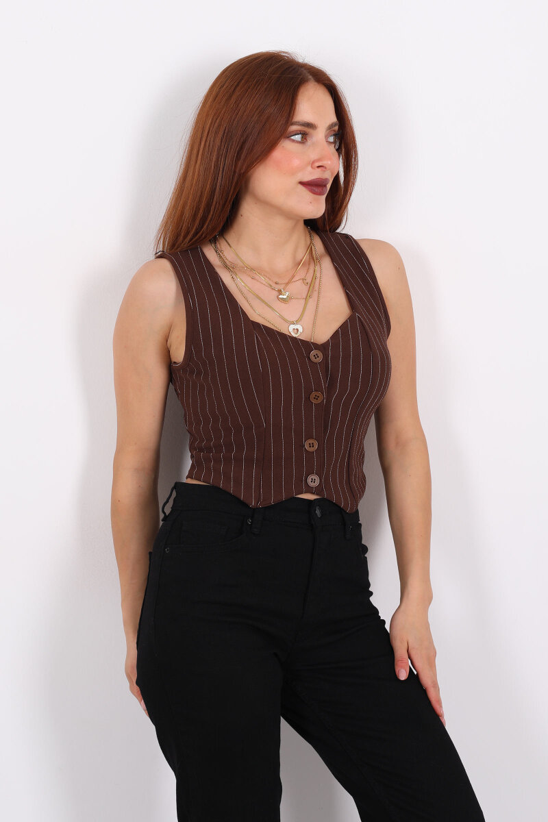 Çizgili Korse Kahverengi Kadın Crop Yelek - 6