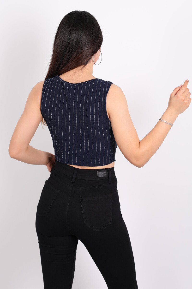 Çizgili Korse Lacivert Kadın Crop Yelek - 4