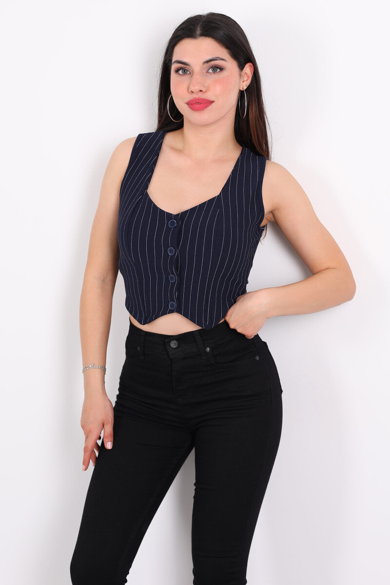 Çizgili Korse Lacivert Kadın Crop Yelek - 3