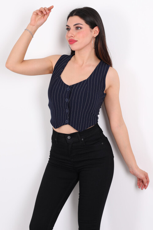 Çizgili Korse Lacivert Kadın Crop Yelek 