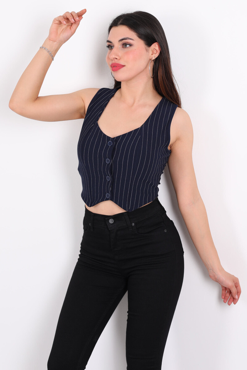 Çizgili Korse Lacivert Kadın Crop Yelek - 1