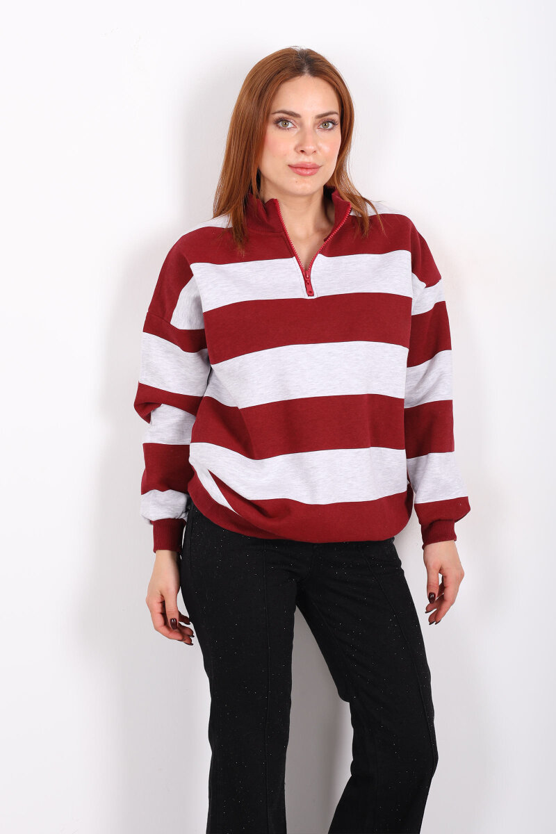 Çizgili Oversize Fermuar Yakalı Bordo Kadın Sweat - 1