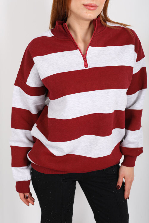 Çizgili Oversize Fermuar Yakalı Bordo Kadın Sweat - Berox (1)