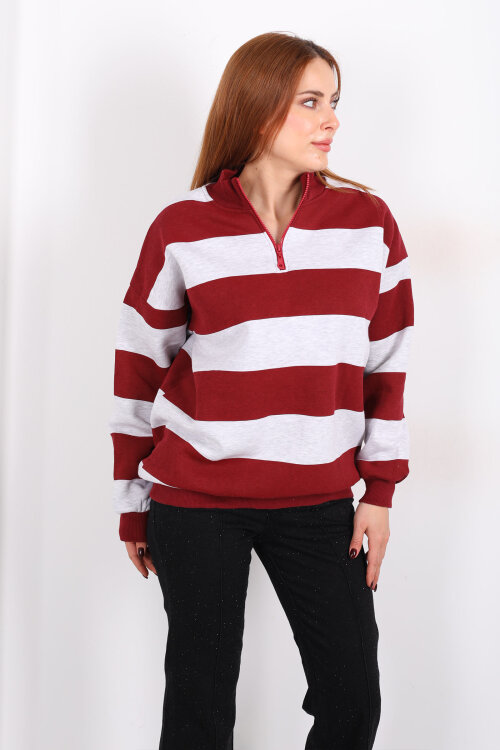 Çizgili Oversize Fermuar Yakalı Bordo Kadın Sweat - 3