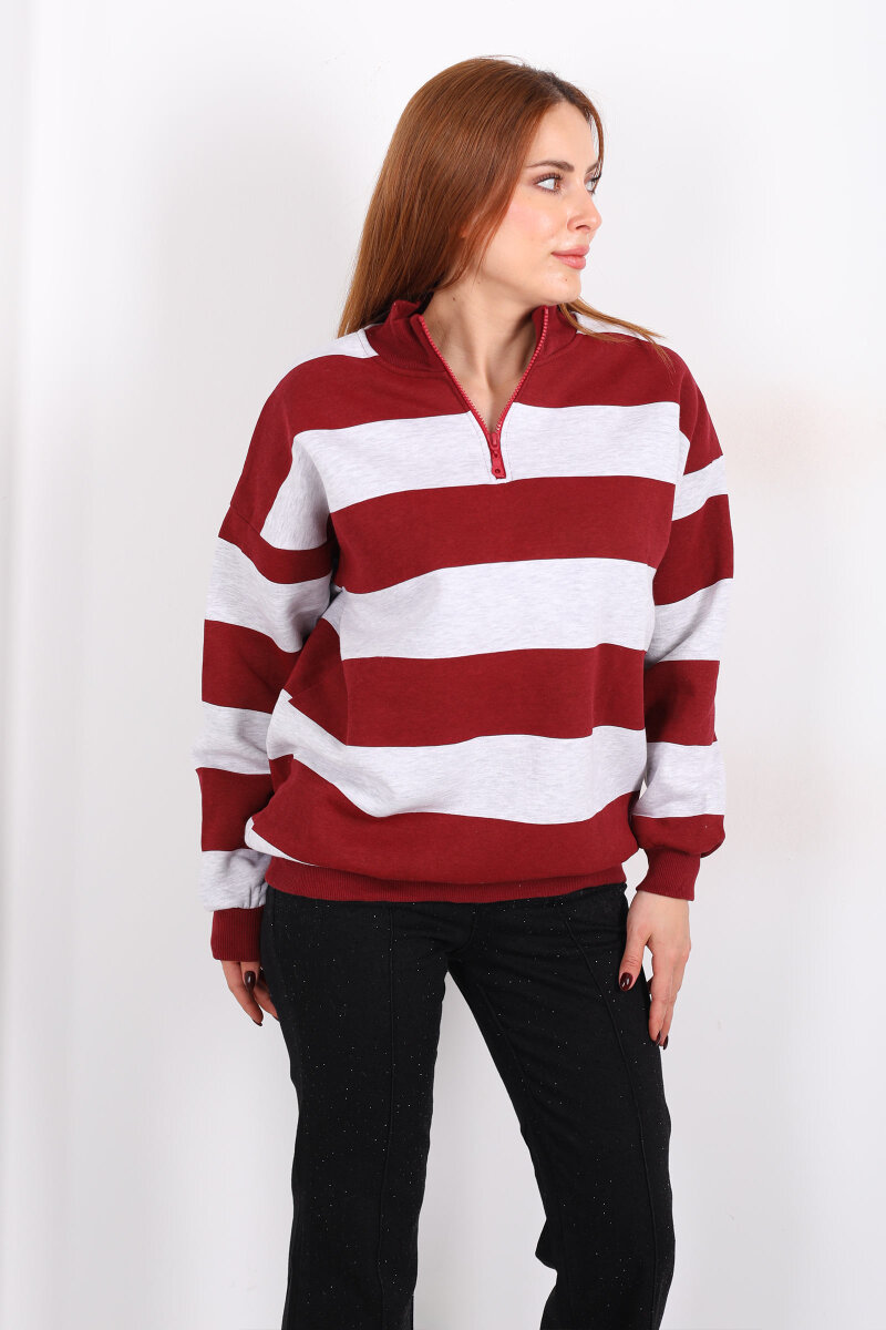 Çizgili Oversize Fermuar Yakalı Bordo Kadın Sweat - 3
