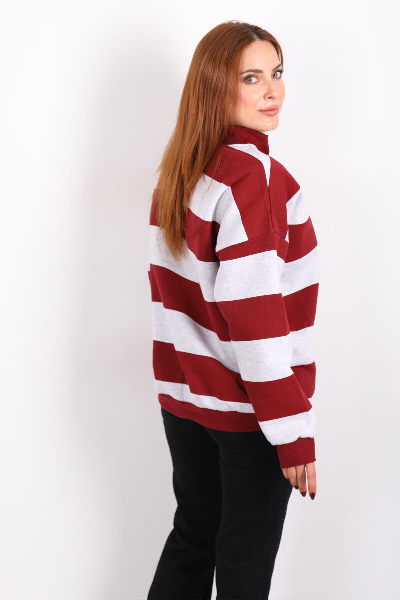 Çizgili Oversize Fermuar Yakalı Bordo Kadın Sweat - 4