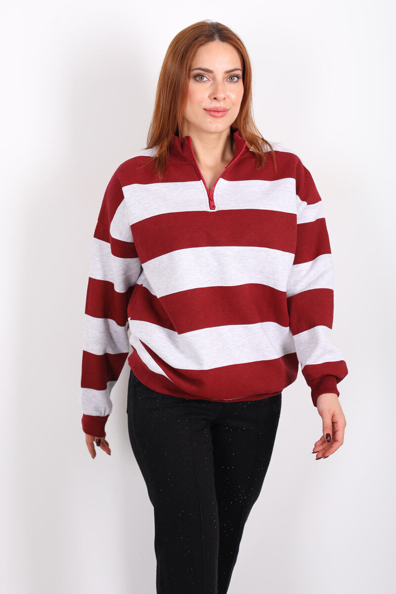Çizgili Oversize Fermuar Yakalı Bordo Kadın Sweat - 5
