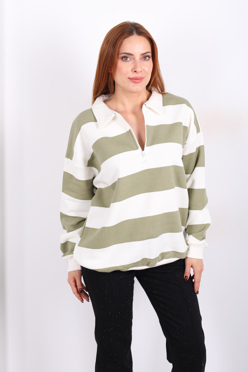 Çizgili Oversize Fermuar Yakalı Yeşil Kadın Sweat - 6