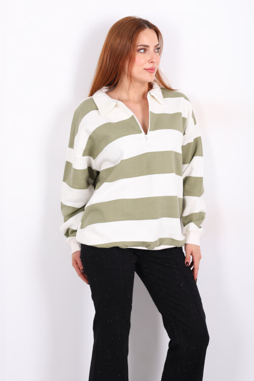 Çizgili Oversize Fermuar Yakalı Yeşil Kadın Sweat - Berox