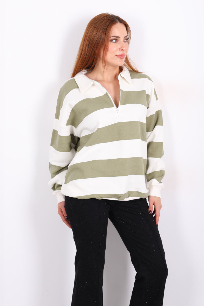 Çizgili Oversize Fermuar Yakalı Yeşil Kadın Sweat - 1